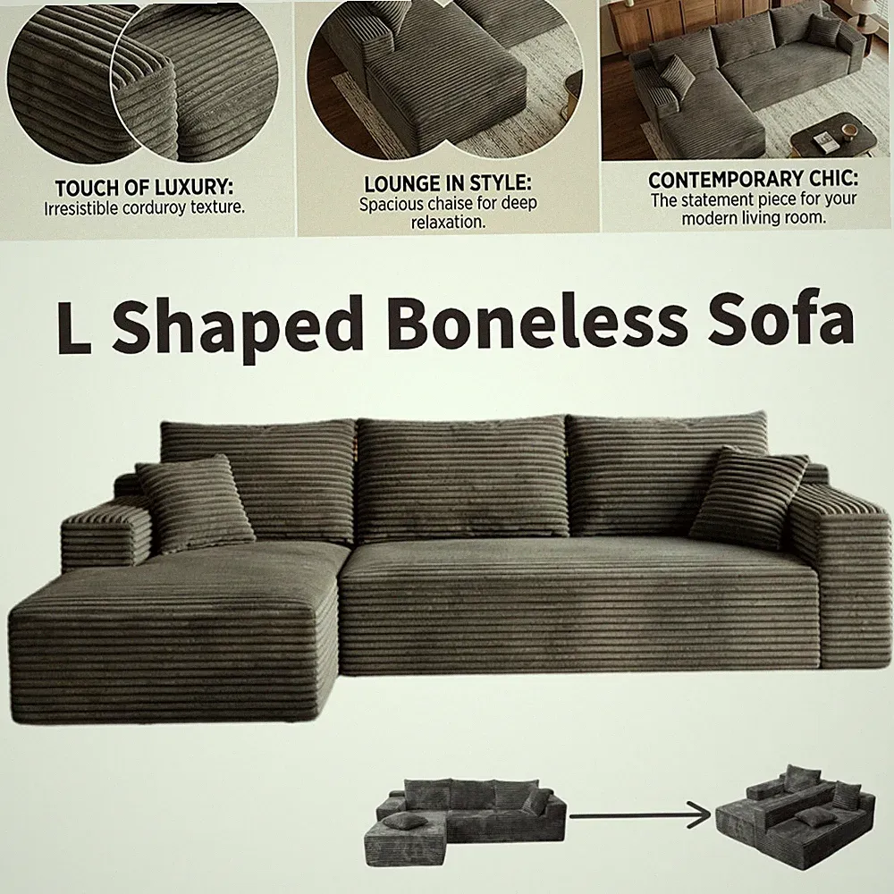 106" L Shaped Sectional Boneless Cloud Sofa Chaise 3 Seat Corduroy US Stock