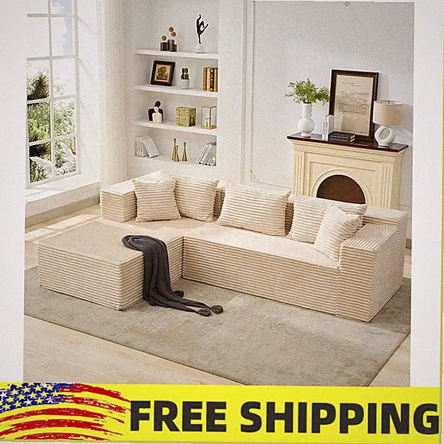 🔝106" L Shaped Sectional Boneless Cloud Sofa Chaise Deep Seat Corduroy US Stock