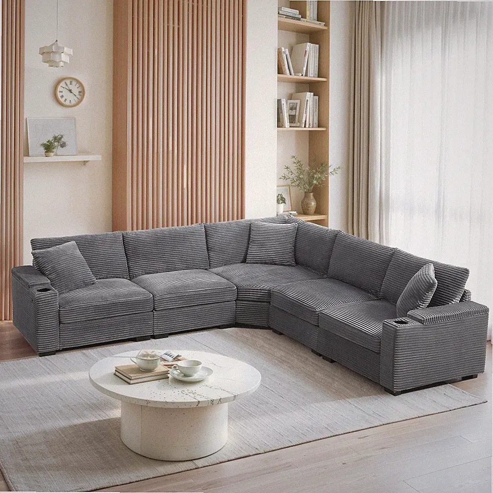 106" L-Shaped Sectional Sofa w/ Storage, USB Charger & Cup Holders - Gray