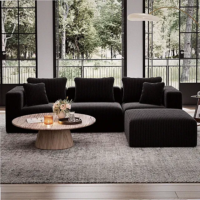 106” L-Shaped Sectional Sofa with Ottoman, Zero Assembly, Black