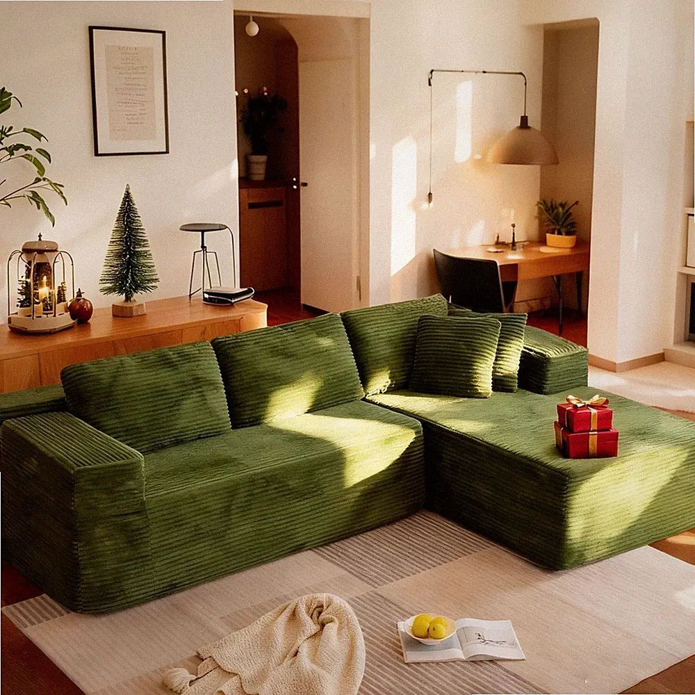 106 Modular Cloud Sectional Sofa Chaise L-Shape No-Assembly Green Corduroy