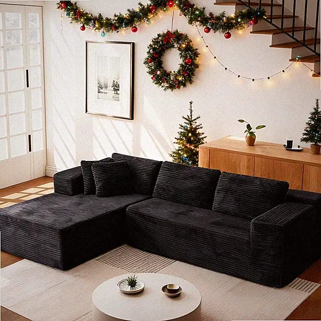 106" Modular Cloud Sectional Sofa Deep Seats No-Assembly L-Shape Corduroy Black