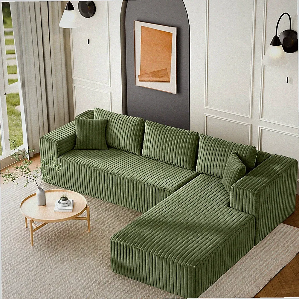 106" Modular Sectional Sofa, Green Corduroy Cloud Couch with Left Chaise, Dee...