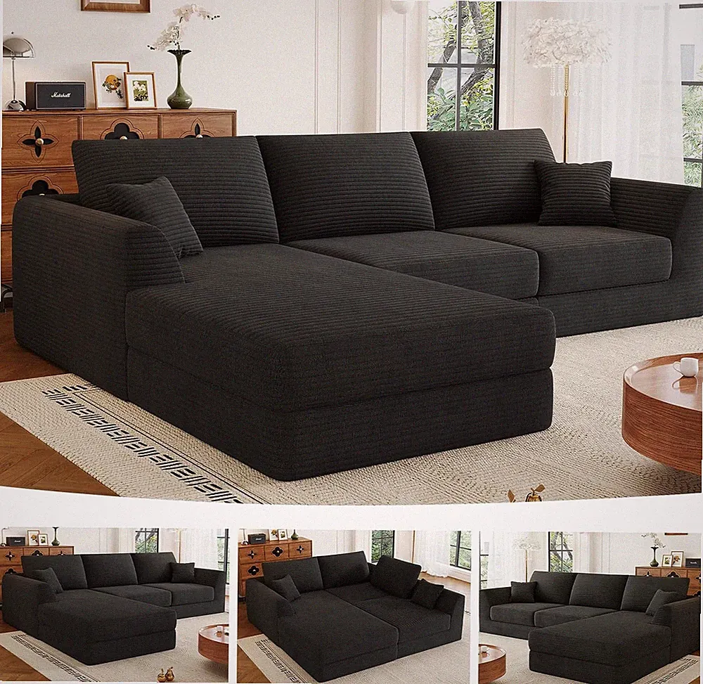 106" Modular Sectional Sofa with Deep Seat, L-Shaped Corduroy Couch with Reversi