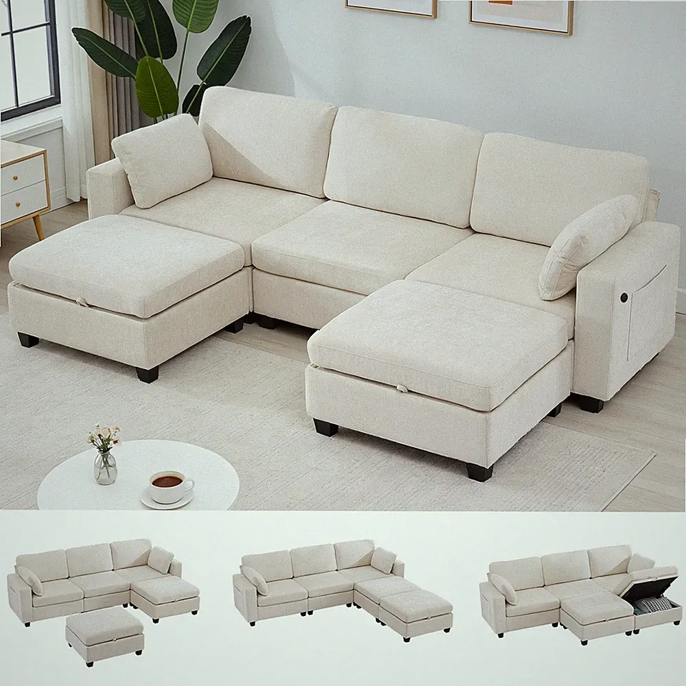 106'' Sectional Sleeper Sofa Chenille U-Shaped w/2 Pillows&2 Storage Ottoman&USB