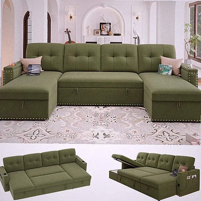106" Sectional Sleeper Sofa w/Storage Armrest LED USB Cupholder Velvet U Green
