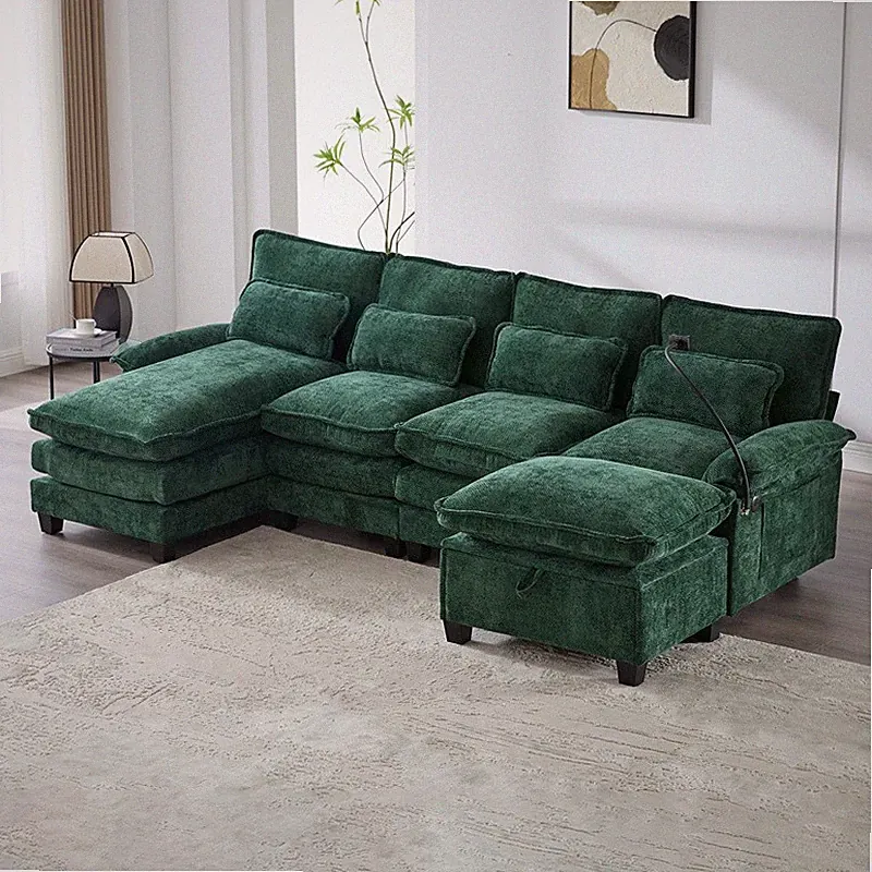 106" Sectional Sofa 4 Seat U-Shaped Sleeper Sofa w/Chaise Lounge,Ottoman,Pillows