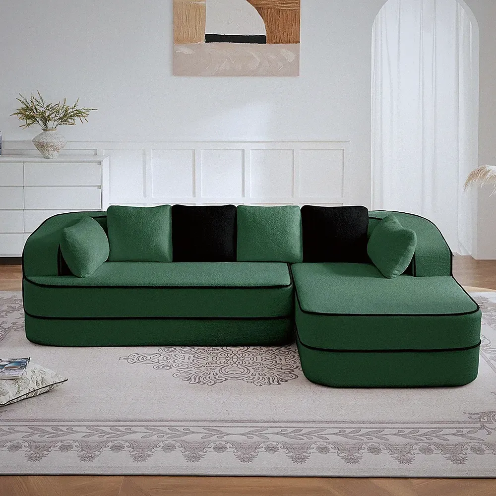 106" Teddy Fabric Sectional Sofa, 32D High-Density Foam Boneless Couch with L-Sh