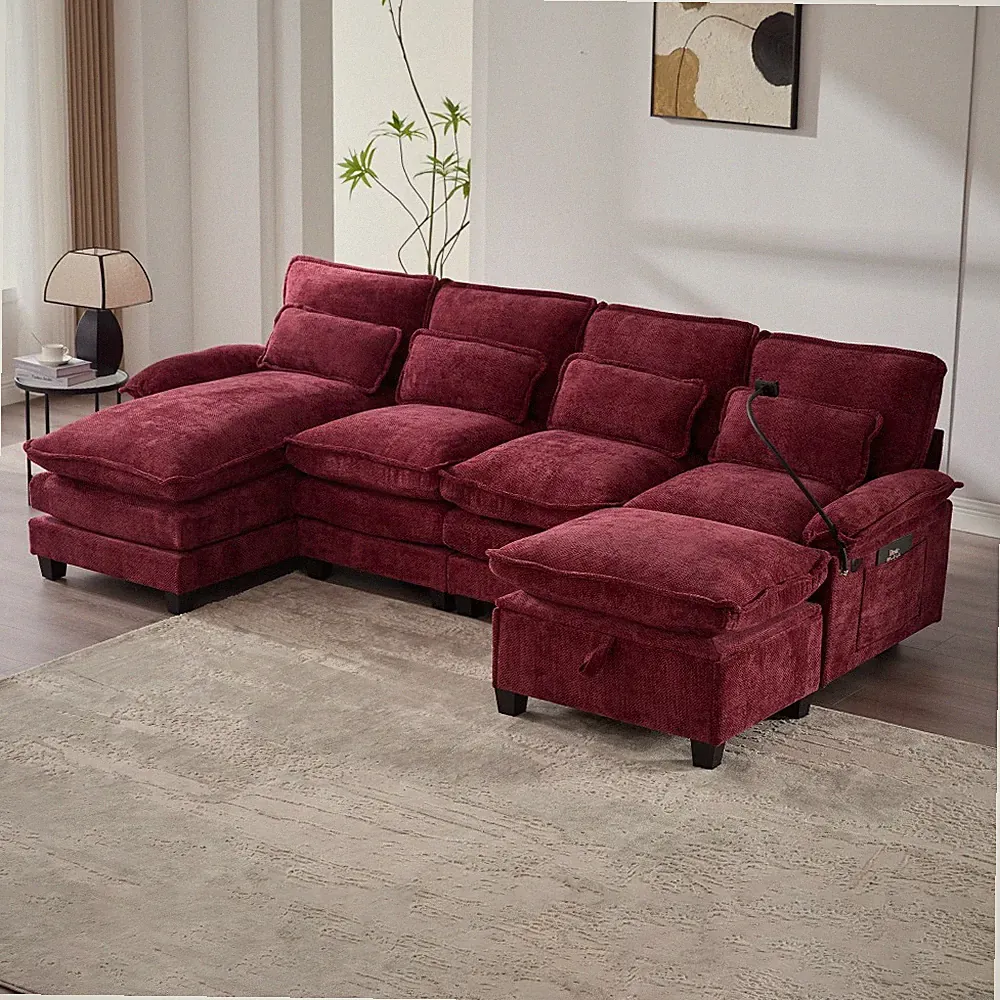 106" U Shape Sectional sofa,Chenille Cloud Couch w/Chaise+Ottoman+Pillows RED