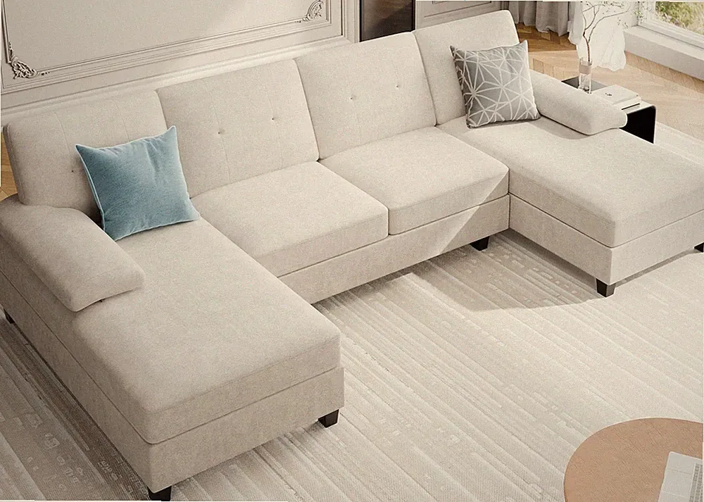 106" U Shape Sectional Sofa 4-Seat Fabric Double Chaise 300lbs/Seat Pure White