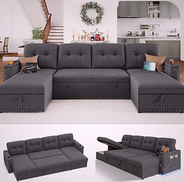106" U Shaped Pull Out Sleeper Sectional Sofa w/Storage LED USB Cupholder Grey