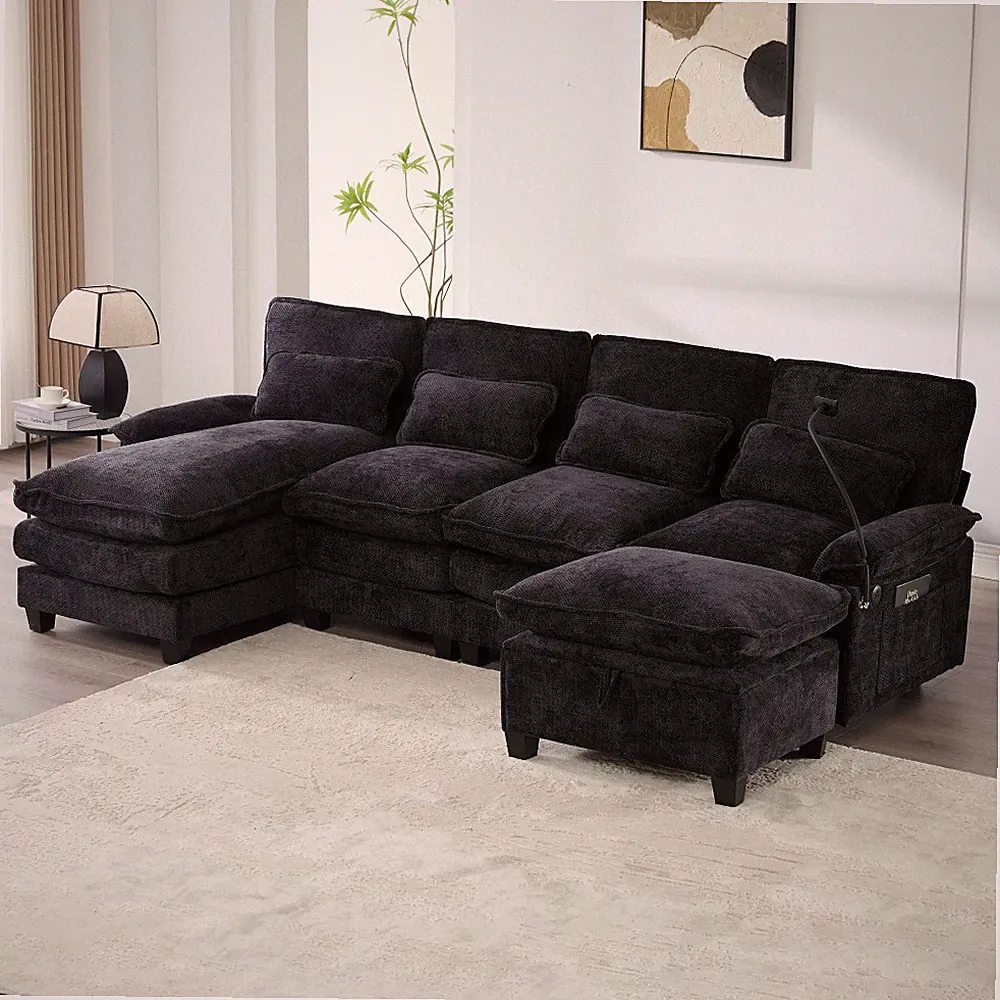 106" U-Shaped Sectional with Storage Ottoman, Chaise, Pillows