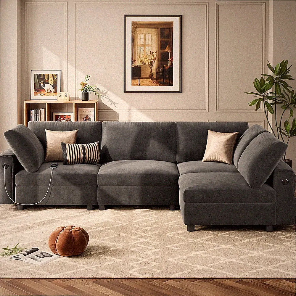 106in L-Shaped Convertible Sectional Sofa with Charging Station Velvet Grey