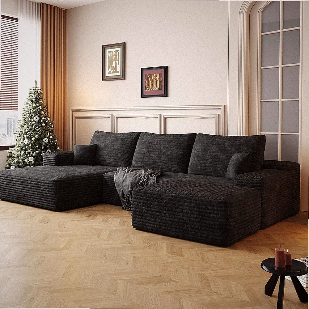 107.5" Cloud Modular Sectional Sofa with 1 Ottoman, Modern Corduroy U Shaped Sof