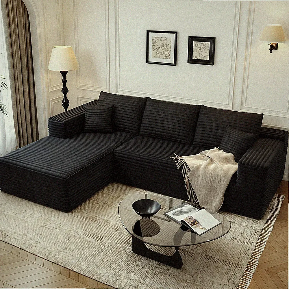 107.5" Modern Black L-Shaped Cloud Sectional Sofa with Left Chaise, No Assembly