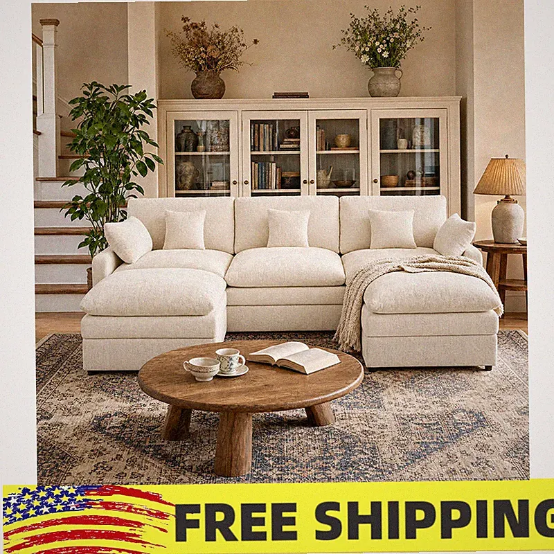 107.8" U Shaped Cloud Couch Modular Sectional Sofa W/Movable Ottoman & Pillows