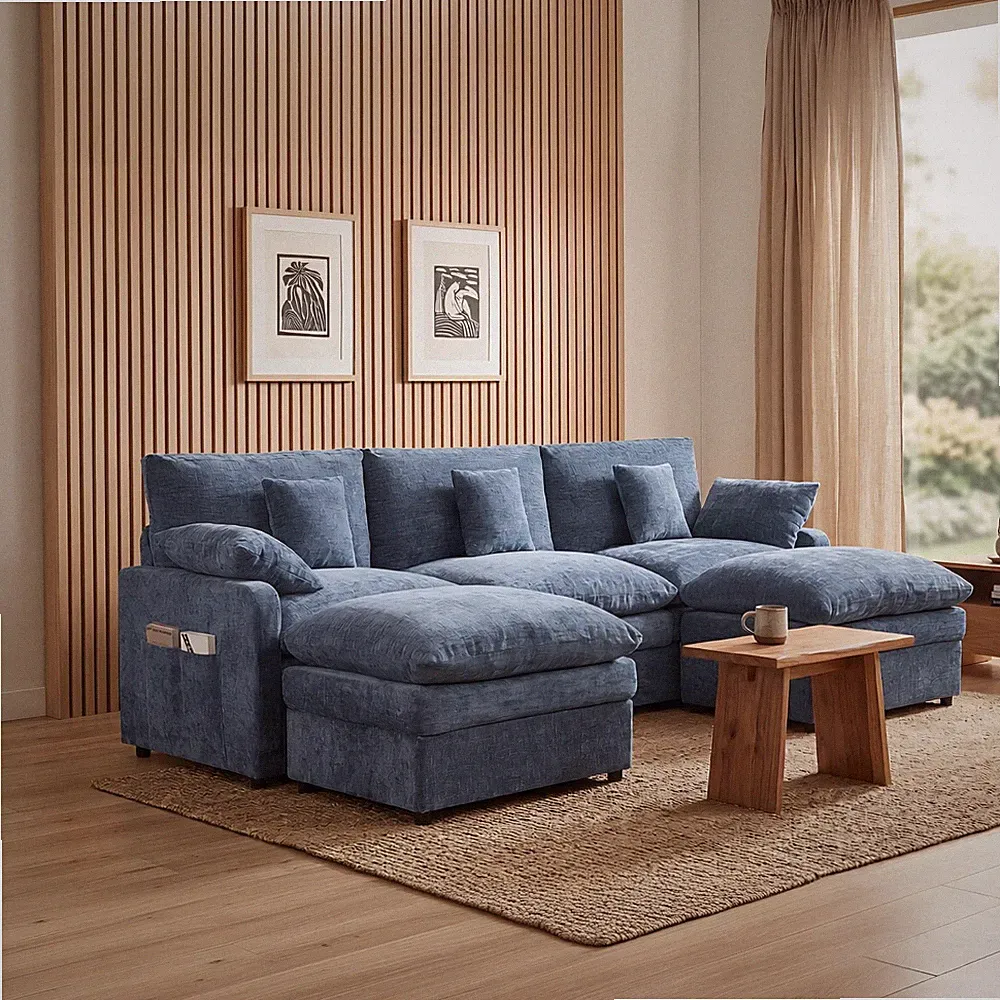107.8" U Shaped Cloud Couch Modular Sectional Sofa W/Movable Ottoman & Pillows