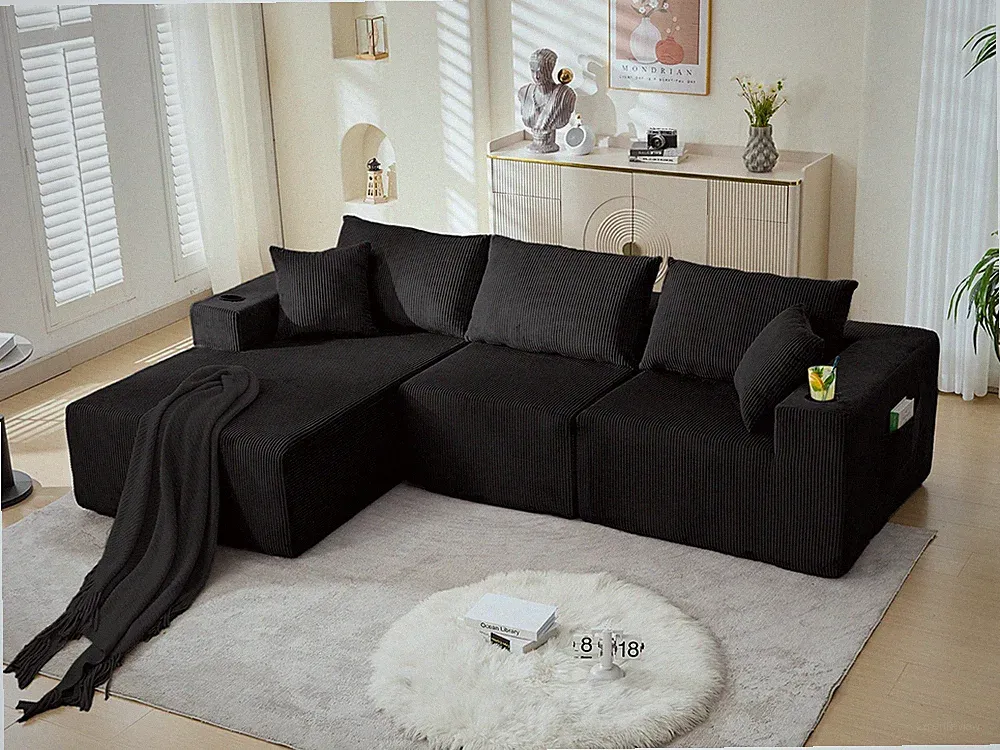 107" Black Plush L Shaped Sectional Couch Corduroy Boneless Sofa w/ Left Chaise