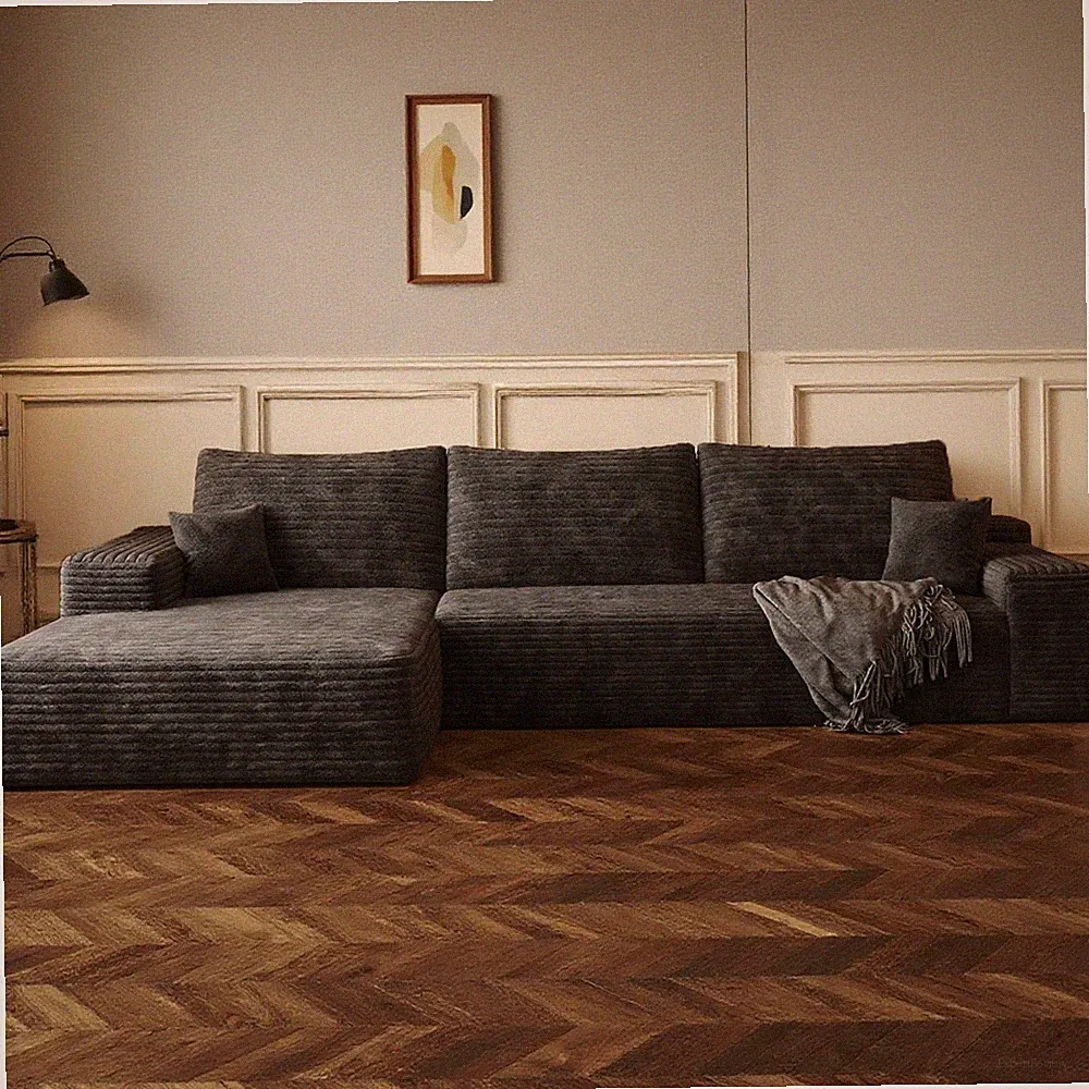 107"Black Plush L Shaped Sectional Couch Corduroy Boneless Sofa with Left Chaise