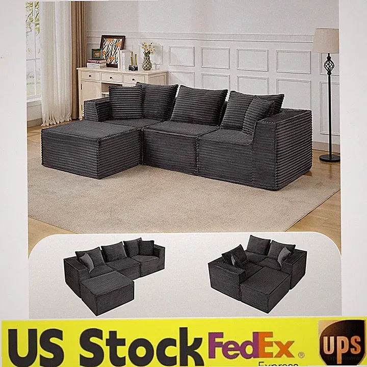 🔝107" Boneless Cloud Modular Sectional Sofa L-Shape Corduroy Upholstered Couch
