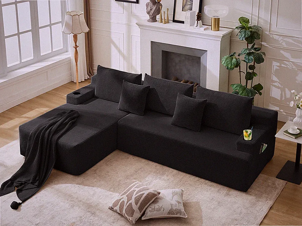 Modern Oversized 4-Seat L Shaped Sectional Sofa w/Storage 2Cup Holders 5 Pillows