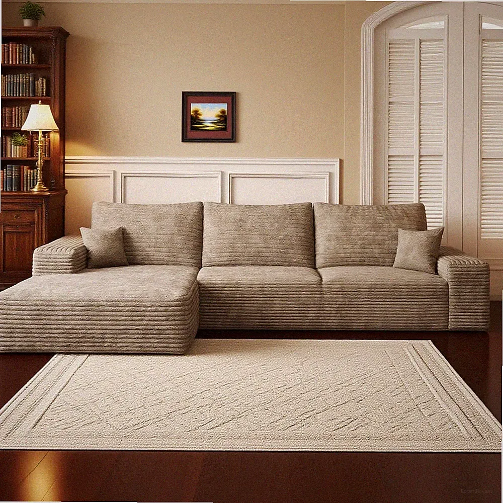 107"Camel Plush L Shaped Sectional Couch Corduroy Boneless Sofa with Left Chaise