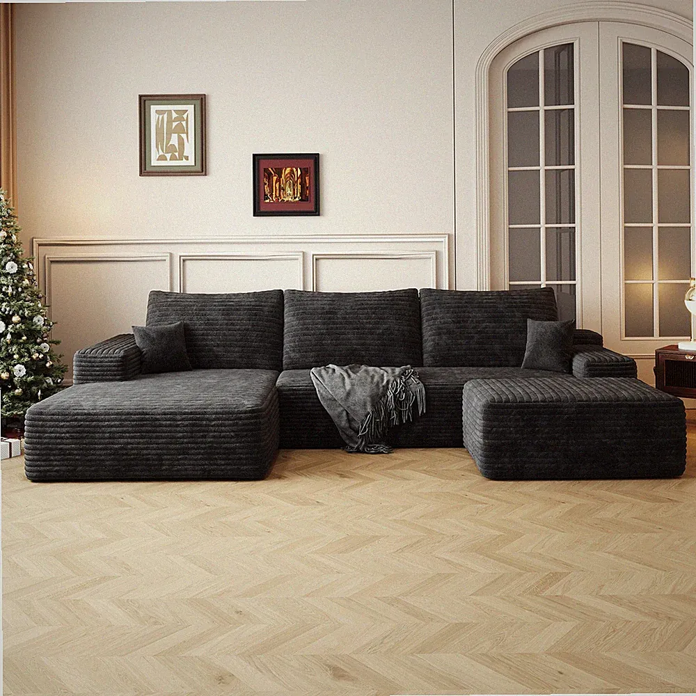 107" Cloud Boneless Couch Sectional Sofa w/1 Ottoman Upholstered U Shaped Sofa