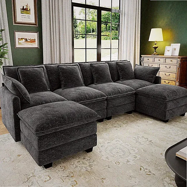 107" Cloud Couch Sectional Modular Sofa, Deep Seat Couches with Ottoman and Remo