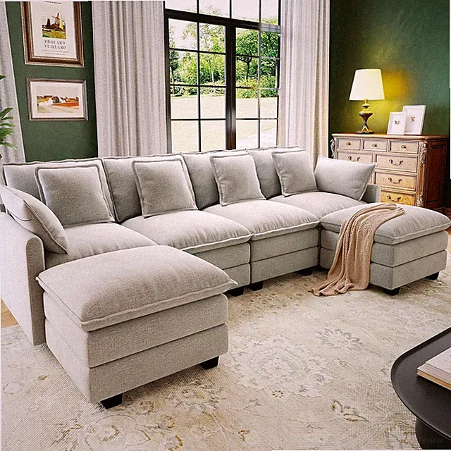 107" Cloud Couch Sectional Modular Sofa, Deep Seat Couches with Ottoman and Remo