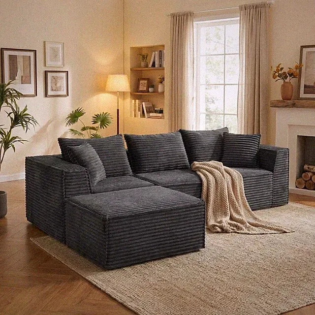 107" Cloud Sectional Couch with Chaise Corduroy Memory Foam Boneless Grey