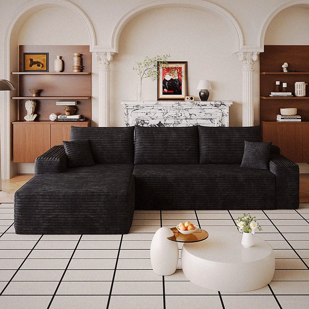 107" Cloud Sectional Sofa, L-Shape Chaise, Modern Modular, Plush Corduroy, Black