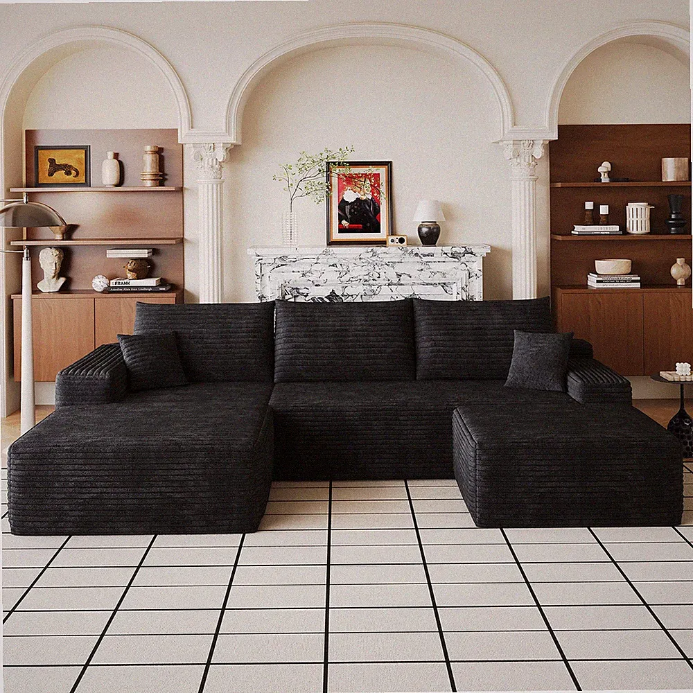 107"Cloud Sectional Sofa w/1 Ottoman,Modern Minimalist Upholstered Couches,Comf