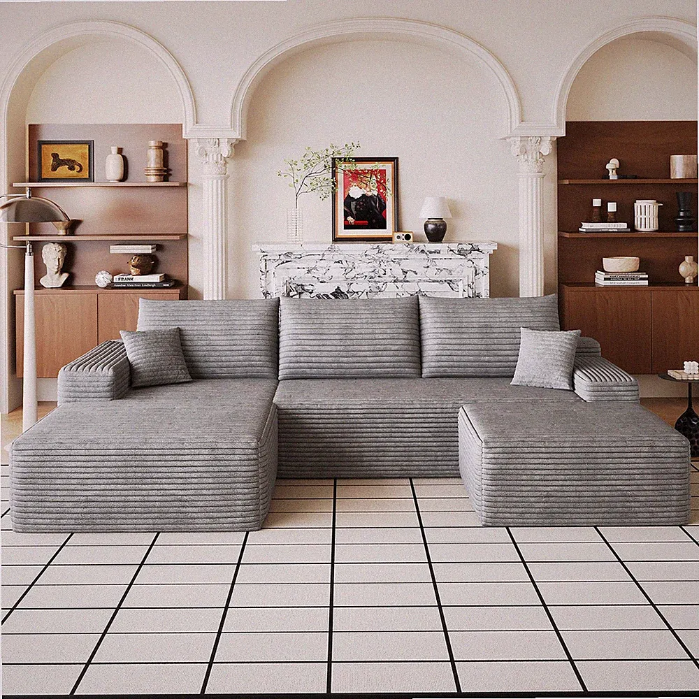 107"Cloud Sectional Sofa w/1 Ottoman,Modern Minimalist Upholstered Couches,Comfo