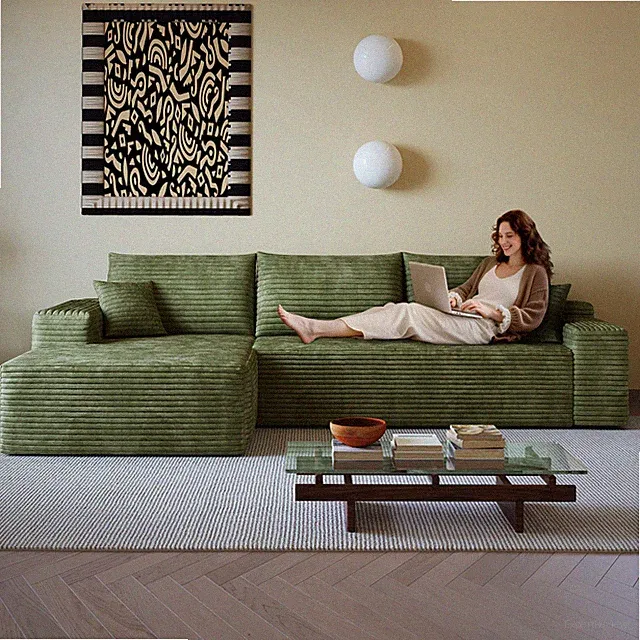 107" Cloud Sectional Sofa with Chaise, Green Plush Corduroy Fabric, No Assembly
