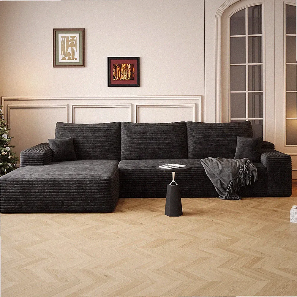 107" Cloud Sectional Sofa with L-Shape Chaise Plush Corduroy Black