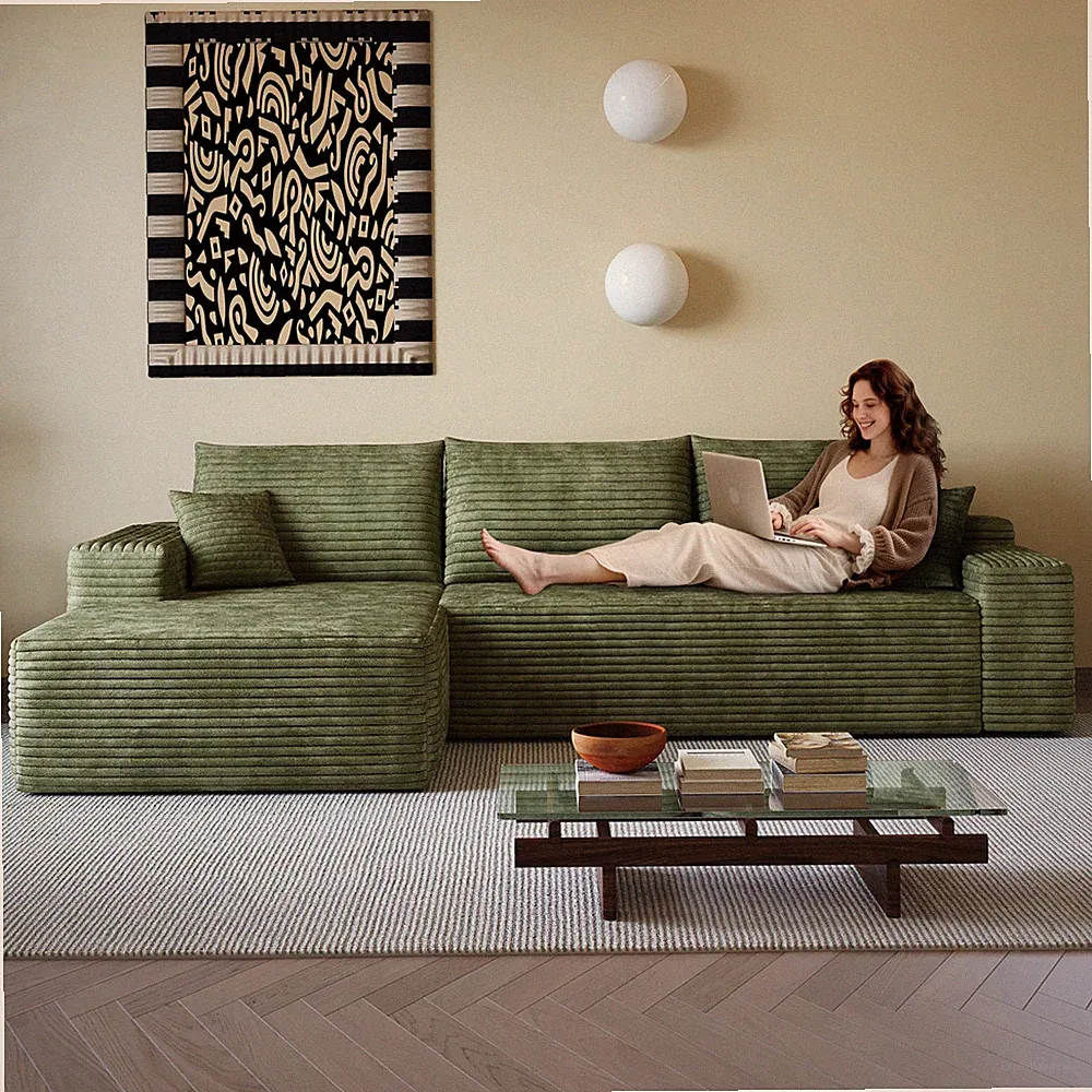 107" Cloud Sectional Sofa with L-Shape Chaise, Plush Corduroy, Green