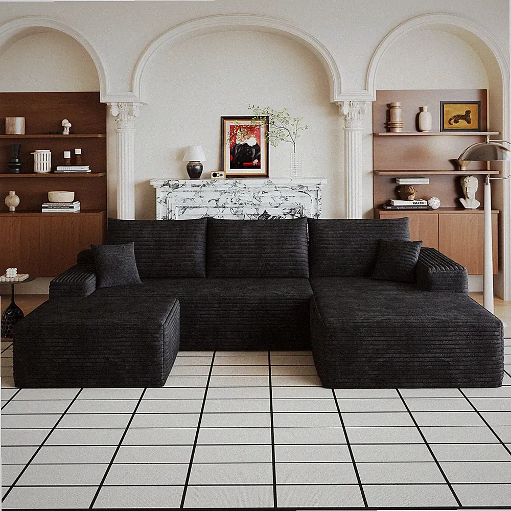 107" Cloud Sectional Sofa with Ottoman Plush Corduroy Black