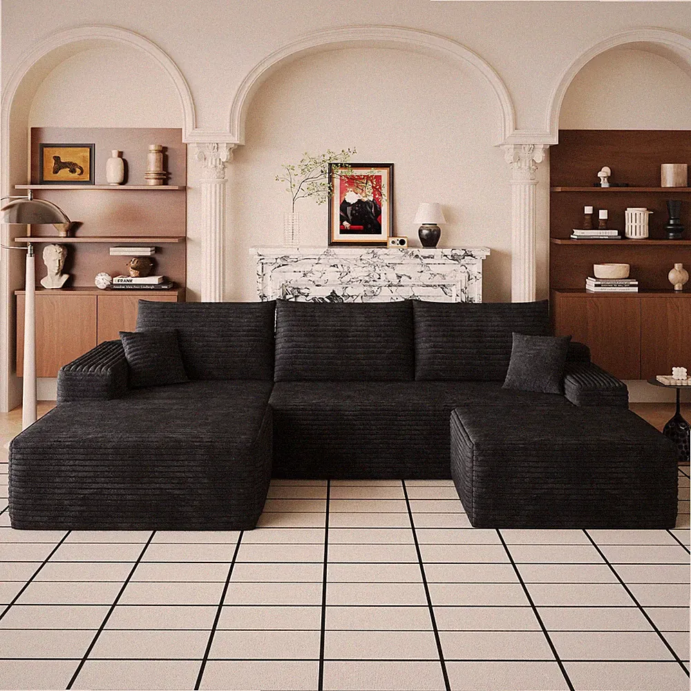 107" Cloud Sectional Sofa with Ottoman, Plush Corduroy, Black, No Assembly