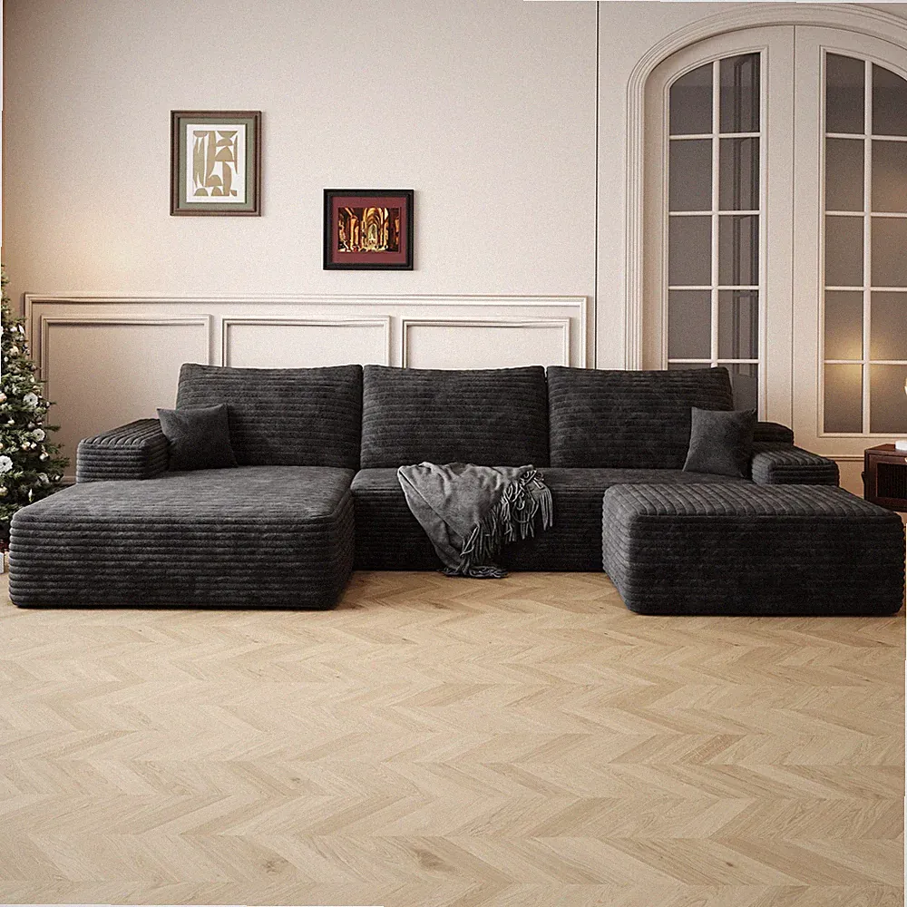 107" Cloud Sectional Sofa with Ottoman Plush Corduroy Black No Assembly