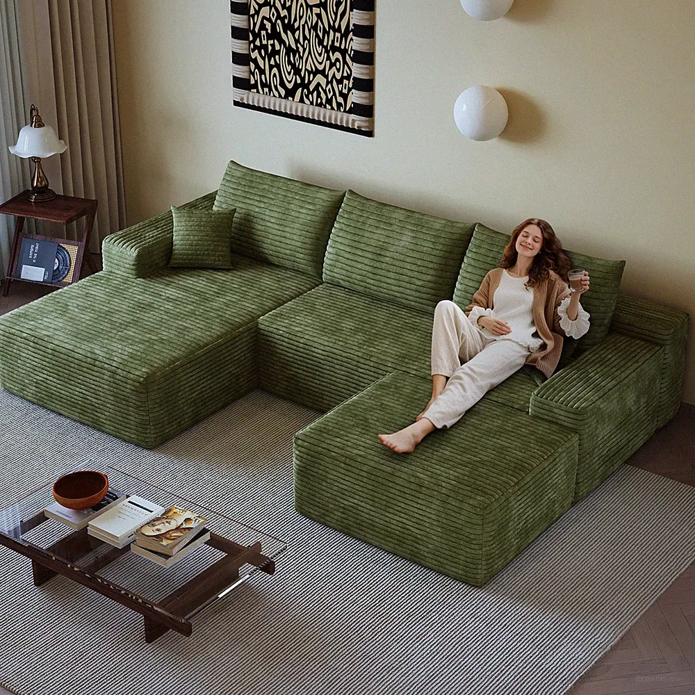 107" Cloud Sectional Sofa with Ottoman Plush Corduroy Fabric Green
