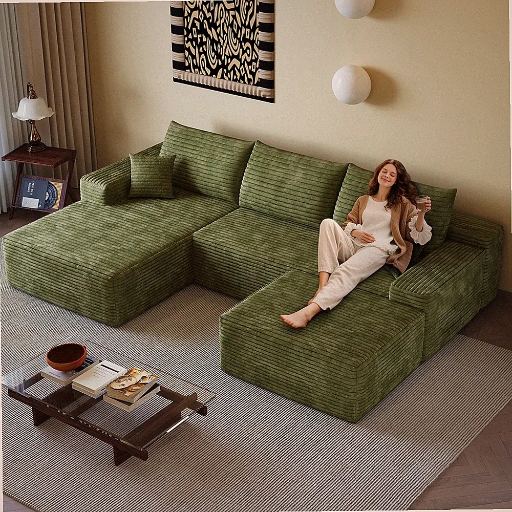 107" Cloud Sectional Sofa with Ottoman, U-Shaped Corner Couch, Green
