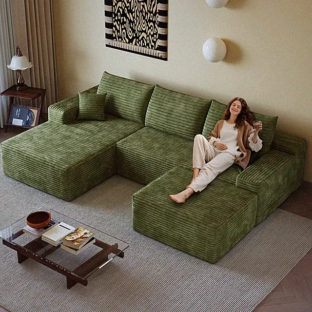 107" Cloud Sectional Sofa with Ottoman, U-Shaped Corner Couch, Green