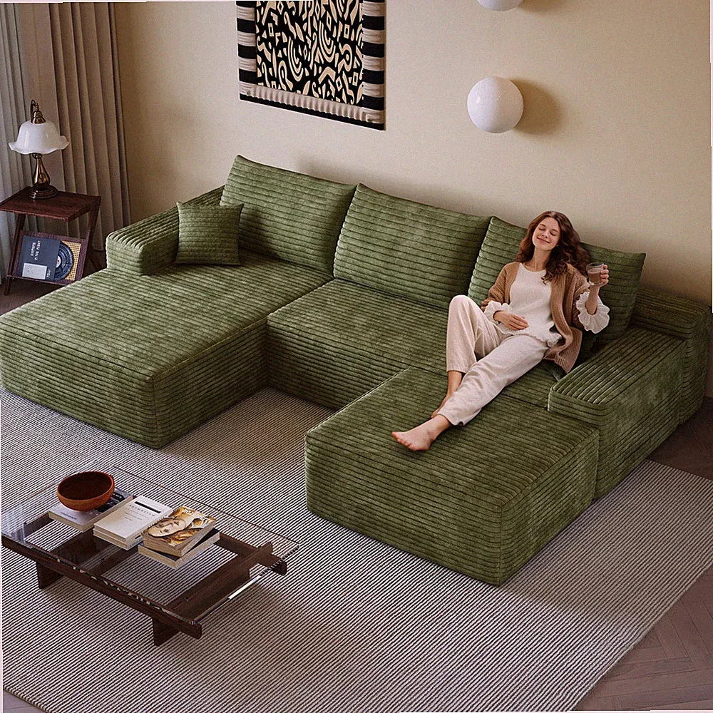 107" Cloud Sectional Sofa with Ottoman, U-Shaped, Plush Corduroy, Green