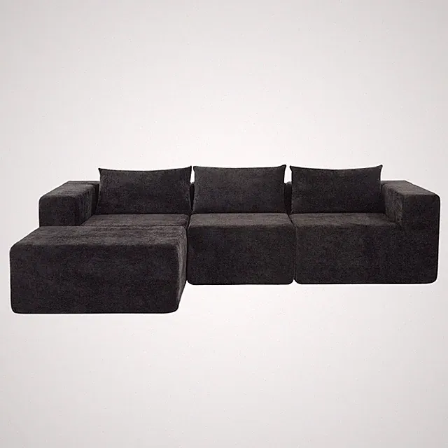 107" Compressed Sectional Sofa Black Fabric Pillow Back 3-Seat