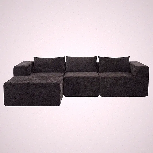 107" Compressed Sectional Sofa, Black, Pillow Back, 3-Seat