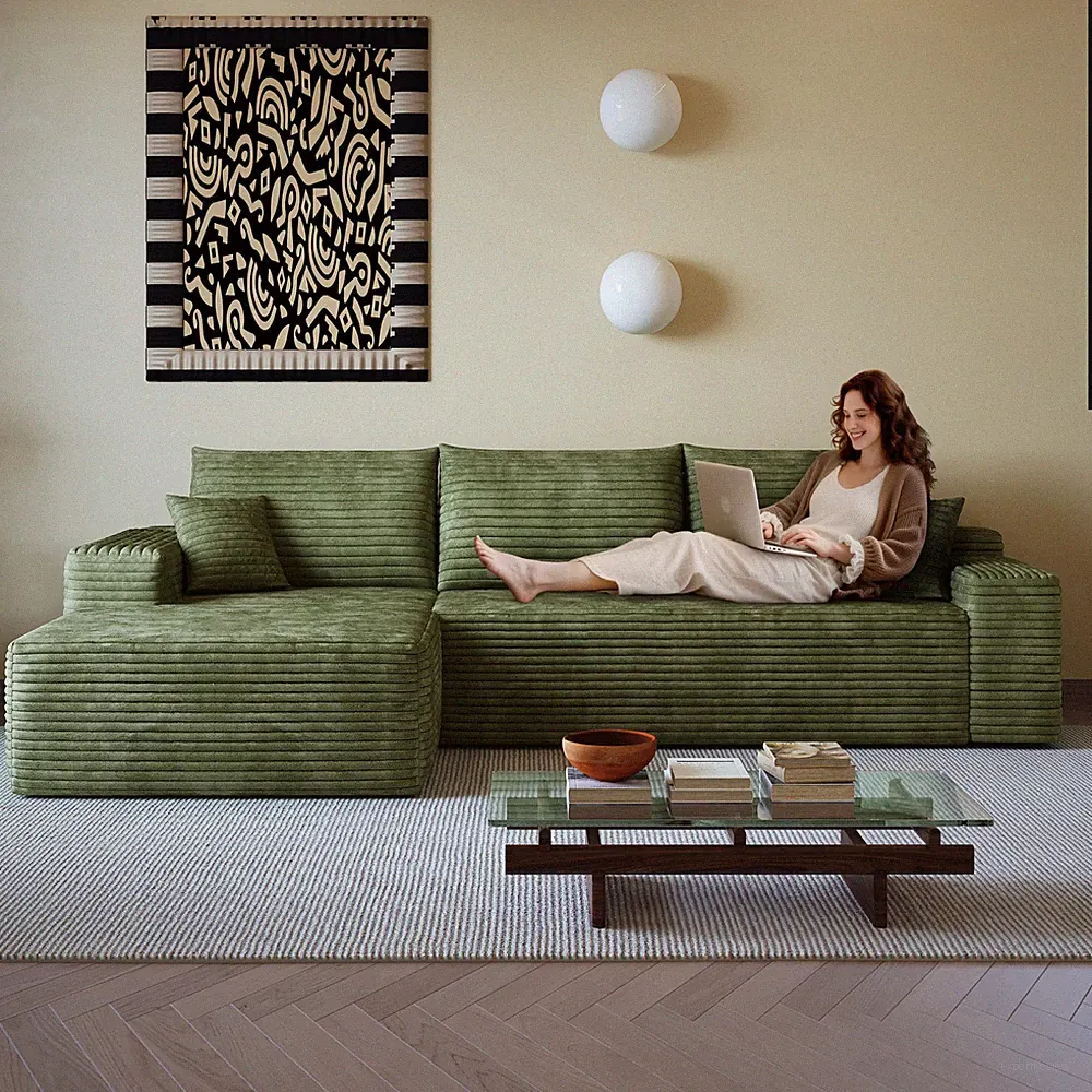 107" Green Cloud Sectional Sofa with Chaise, Plush Corduroy Fabric, No Assembly