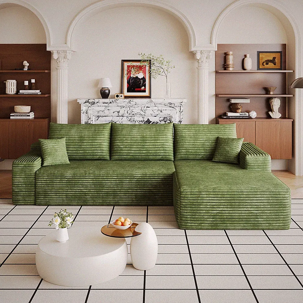 107" Green Corduroy Modular Sectional Sofa with Chaise, No Assembly Required