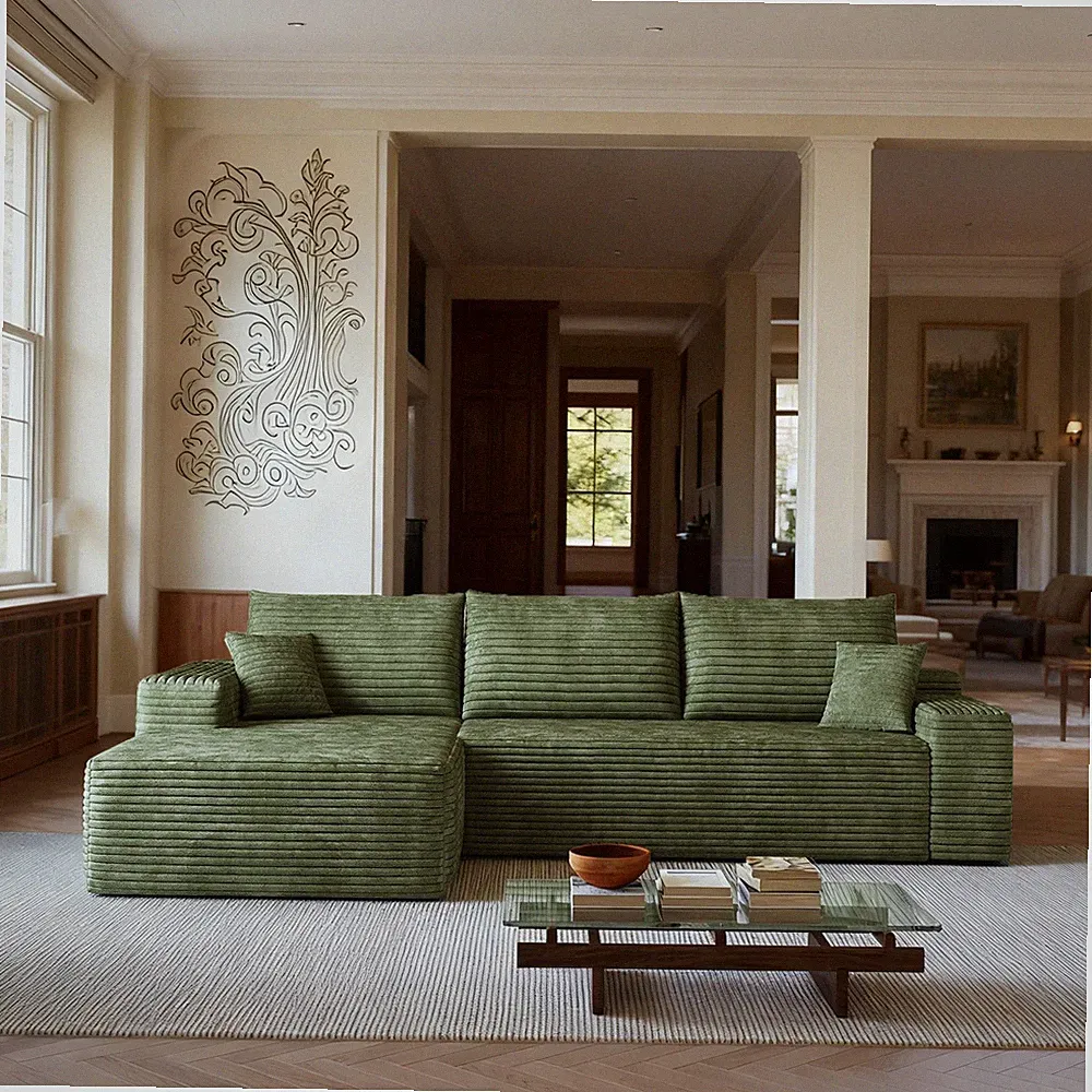 107"Green Plush L Shaped Sectional Couch Corduroy Boneless Sofa with Left Chaise