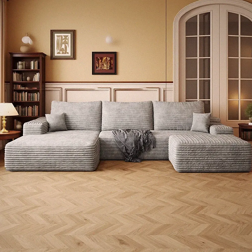 107" Grey Boneless Couch Left Facing Chaise Sectional Cloud Sofa with Ottoman