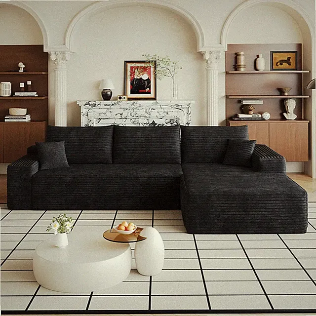 107" L-Shape Boneless Cloud Couch Right Chaise Corduroy No Assembly Deep Seat